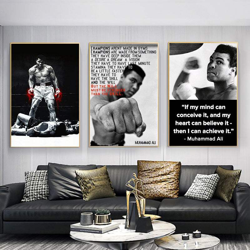Inspirational sports quotes canvas paintings featuring Muhammad Ali for home and office decor.