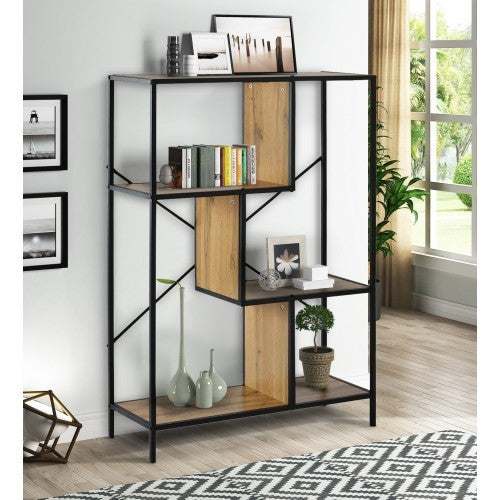 4-tier rustic industrial bookshelf display with metal frame and wood shelves.