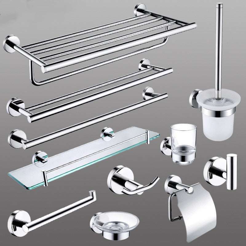 Towel rack set 304 stainless steel bathroom hardware pendant set, including towel bars, glass shelf, cup holder, and hooks, modern style.