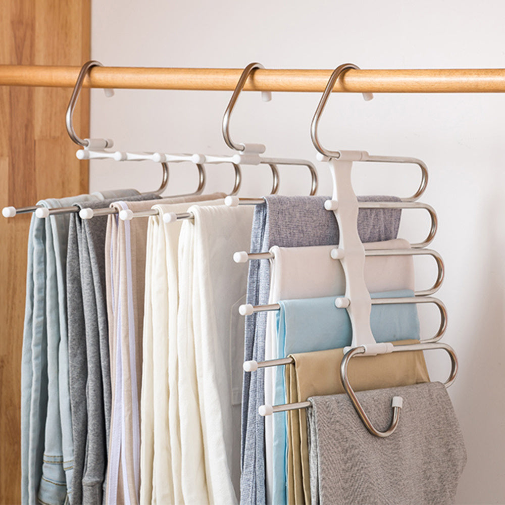5 In 1 stainless steel wardrobe hanger with clothes hanging, space-saving design.