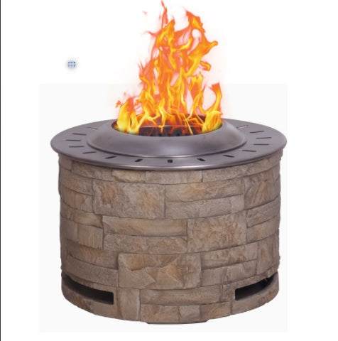Stack-stone look smokeless firepit, antique yellow rock effect, fueled by wood pellets.