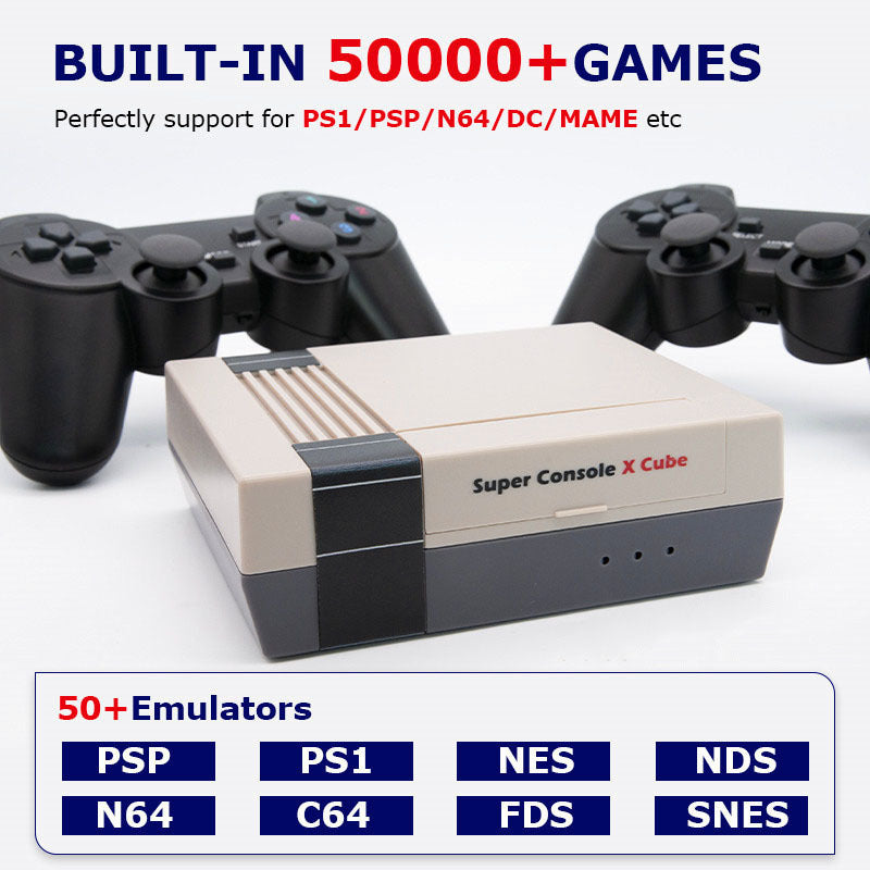Retro console Super Console X Cube red and white design with controllers, supports 50+ emulators and 50,000+ games.