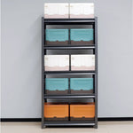 5-tier metal shelves with storage bins, black adjustable garage shelving unit