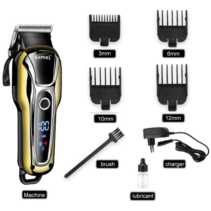 Professional hair clipper with attachments, charger, brush, and lubricant.