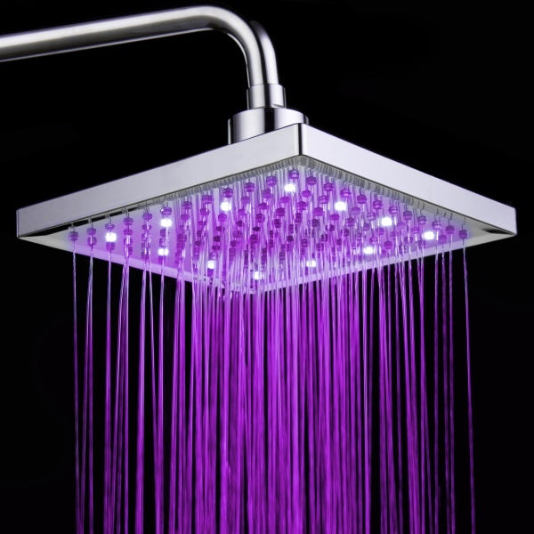 Luminous color changing shower head with purple LED lights, 200mm square design.