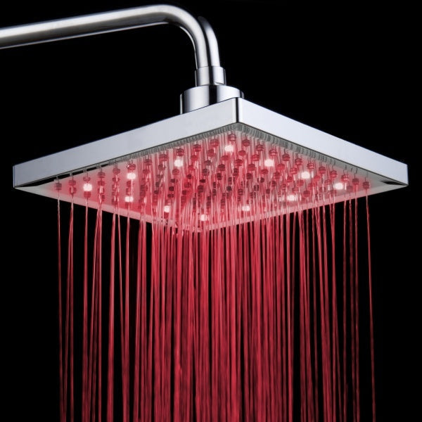 Luminous color changing shower head with red LED lights on electroplated ABS plastic.