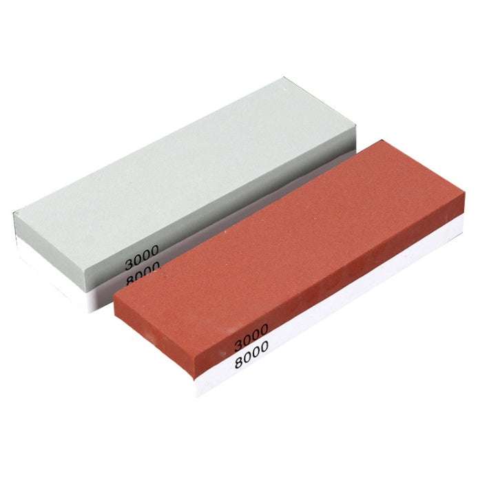 Home kitchen whetstone set with dual-sided 3000/8000 grit, green and red corundum stones.