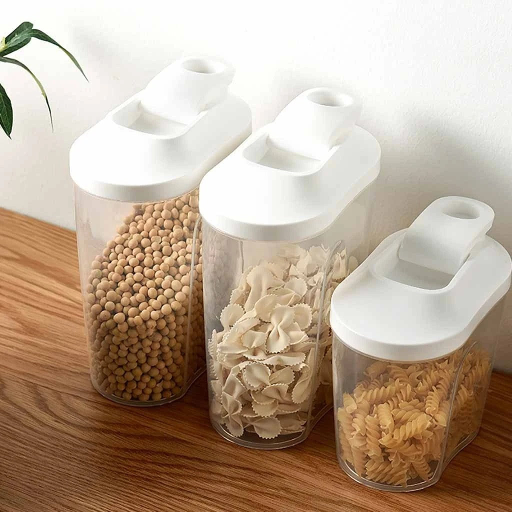 Plastic kitchen storage boxes for beans and grains, available in 1000ml and 1500ml sizes.