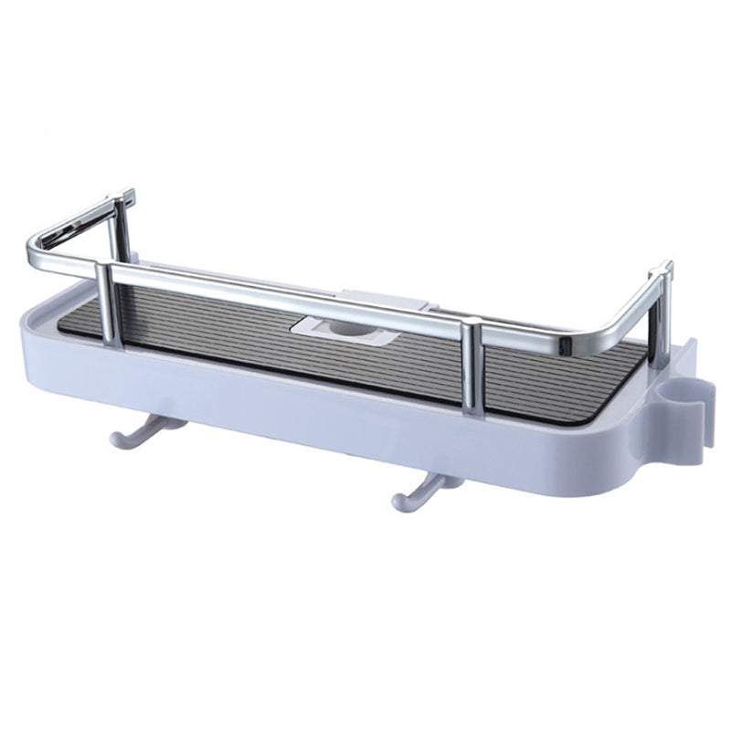 Modern Shower Lift Rod Rack with hooks and soap box, wall-mounted plastic shelf.