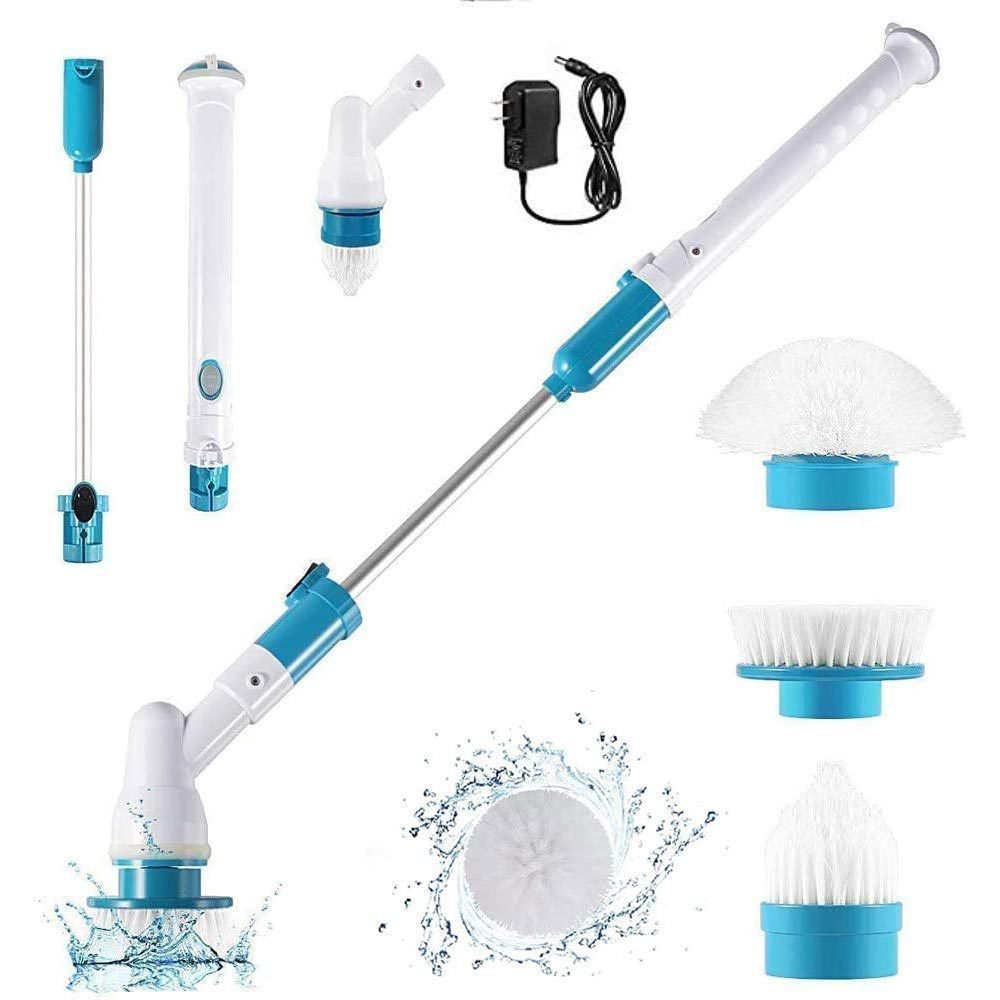 Wireless rechargeable electric cleaning brush with long handle and various brush heads.