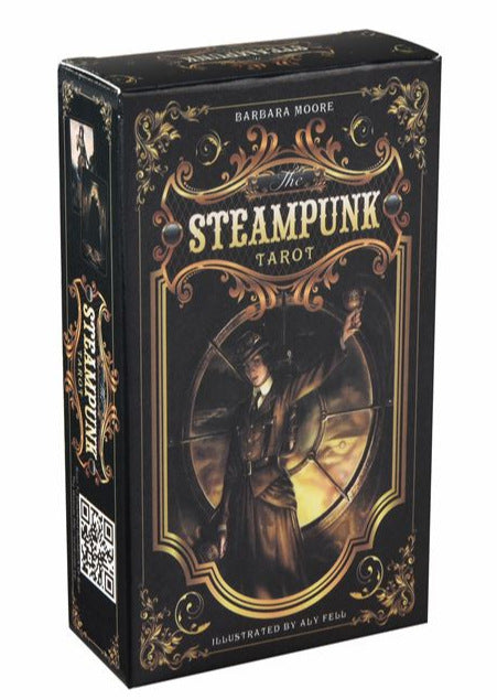 Steampunk-themed tarot cards box with ornate design.