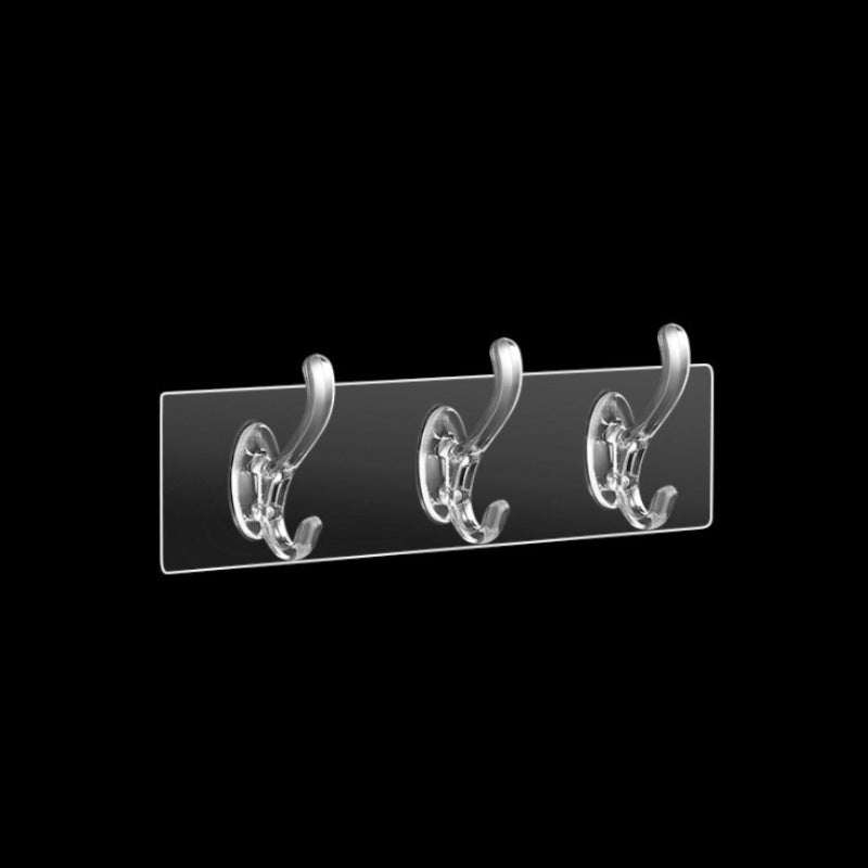 Transparent non-marking sticking hooks with three adhesive hooks on a plastic backing.