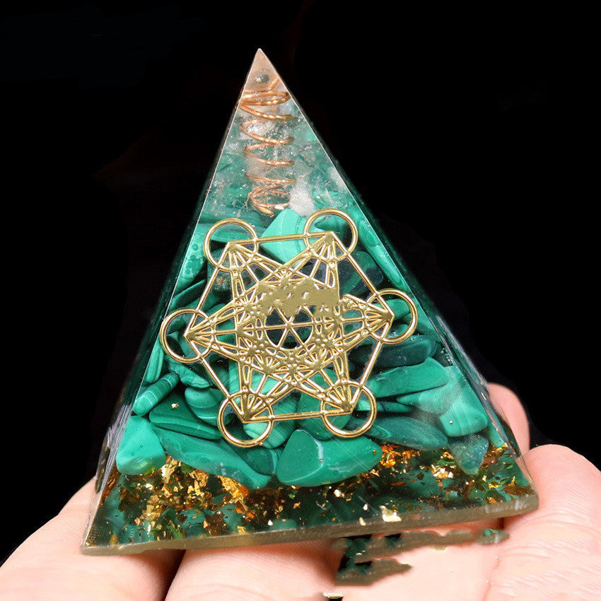 Malachite Energy Pyramid with natural simplicity design, six-pointed star crystal column, 60x60x60mm.