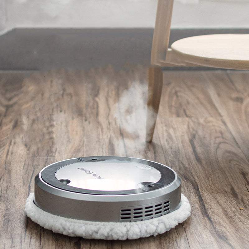 Intelligent automatic sweeping robot on wooden floor with spray cleaning feature.