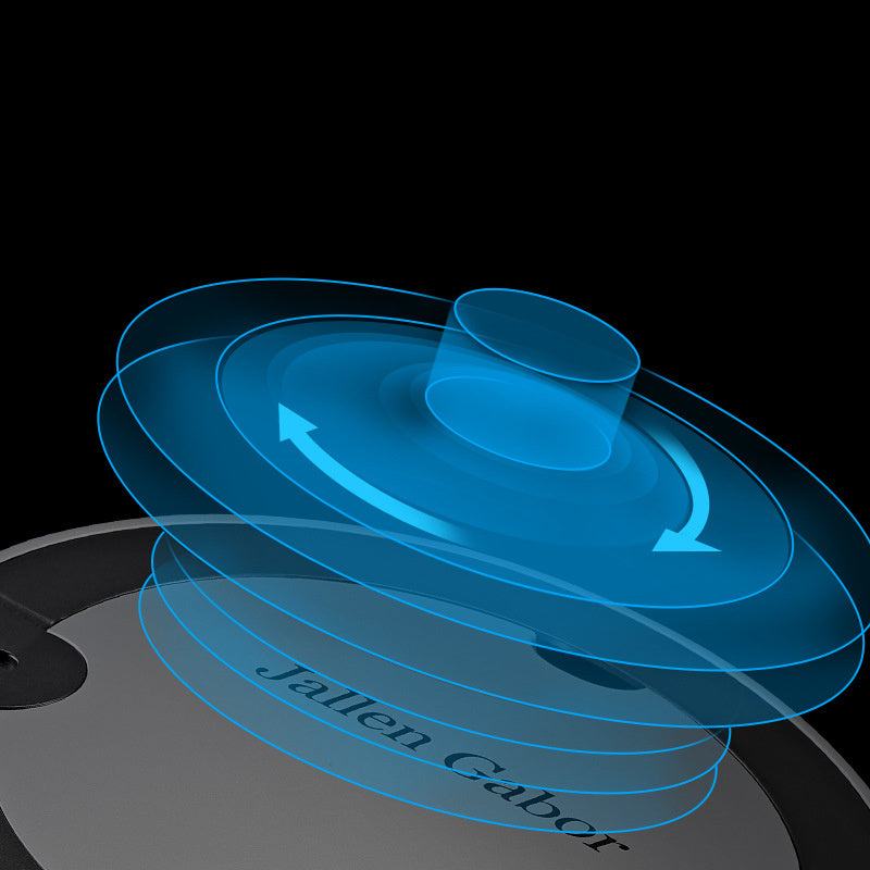 Intelligent automatic sweeping robot demonstrating rotating cleaning functionality with blue arrows on top surface.
