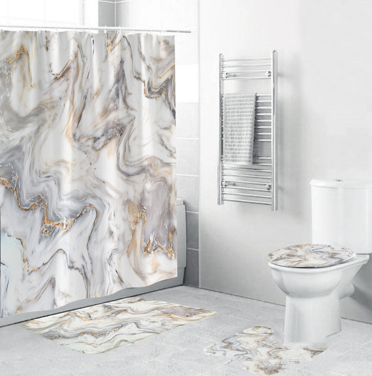 Waterproof fabric shower curtain with marble design for bathroom decor.