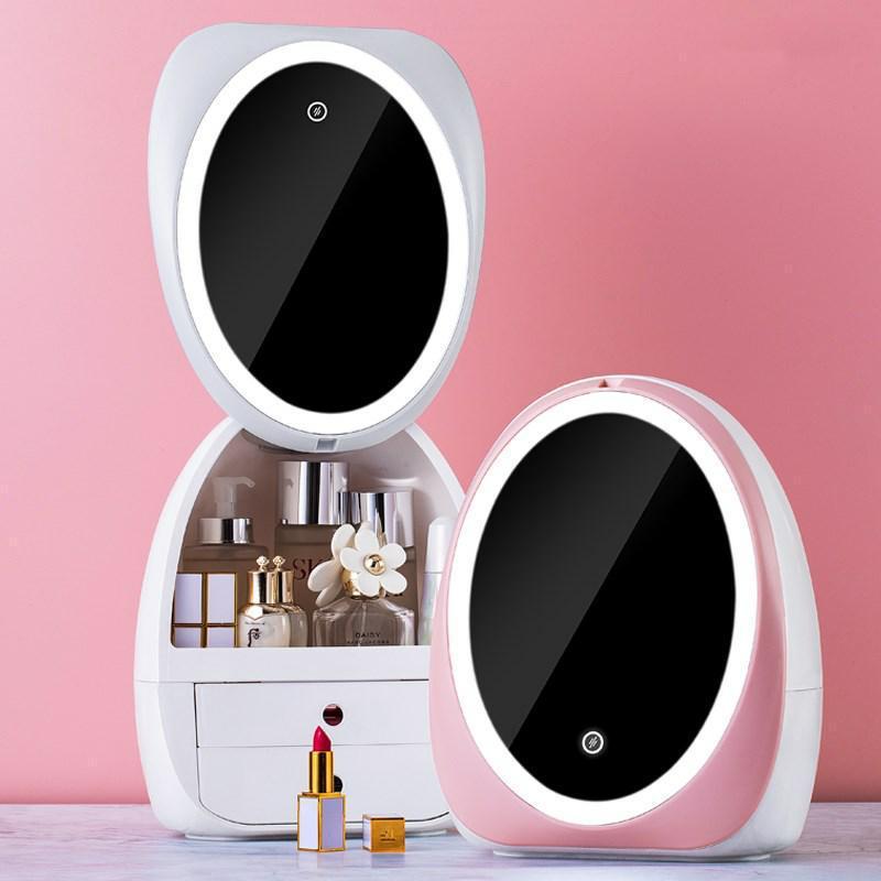 Makeup organizer with LED mirror, large capacity cosmetic storage box, desktop jewelry container.