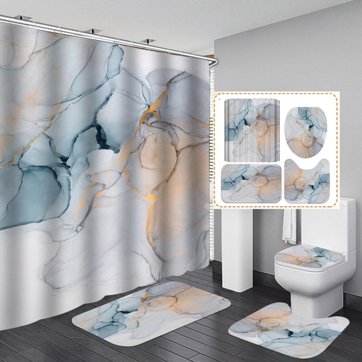 Modern 3D shower curtain, bath mat, and rug set with abstract marble pattern.