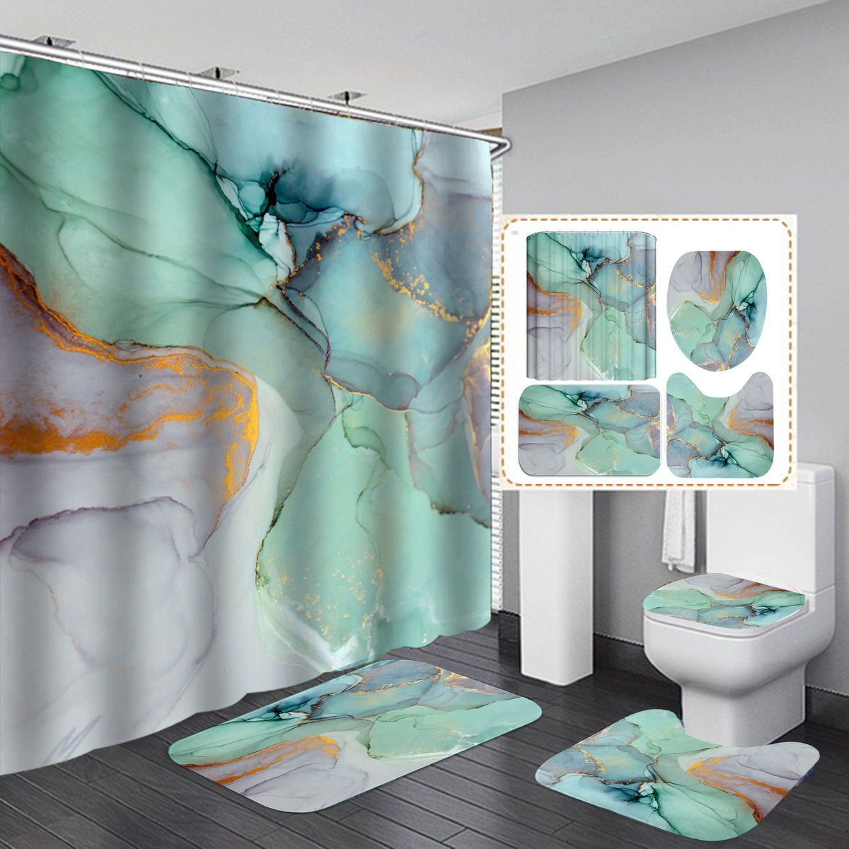 Modern 3D Shower Curtain, Bath Mat, Rug Set