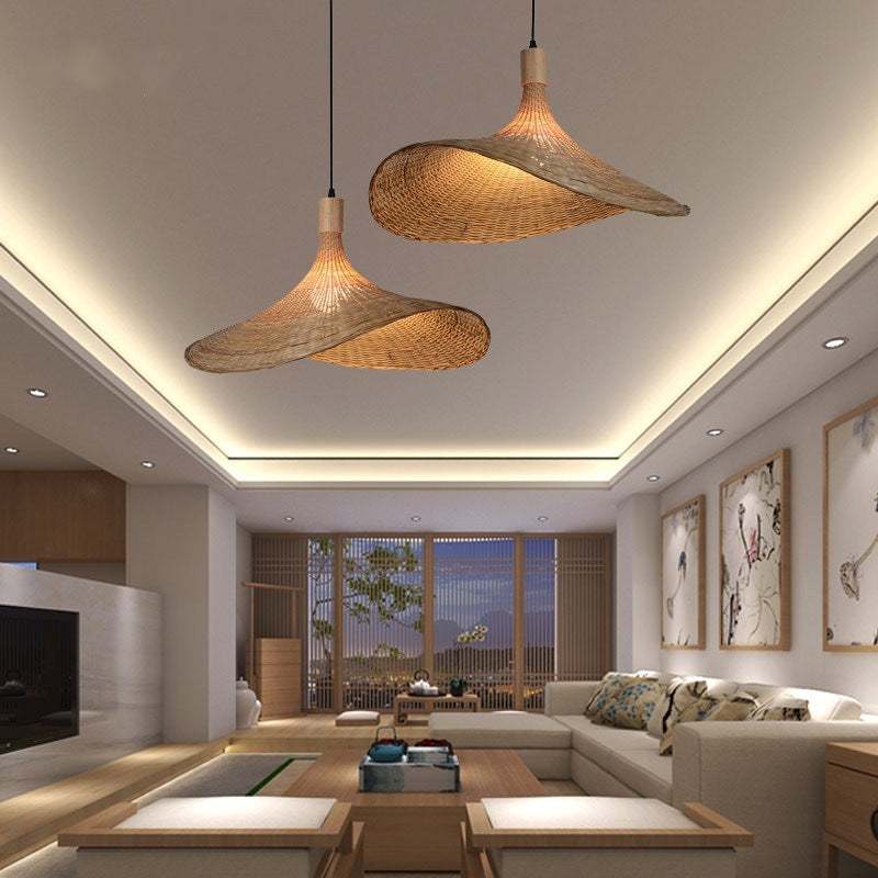 Bamboo Chandelier in modern living room, Japanese style rattan lamp.