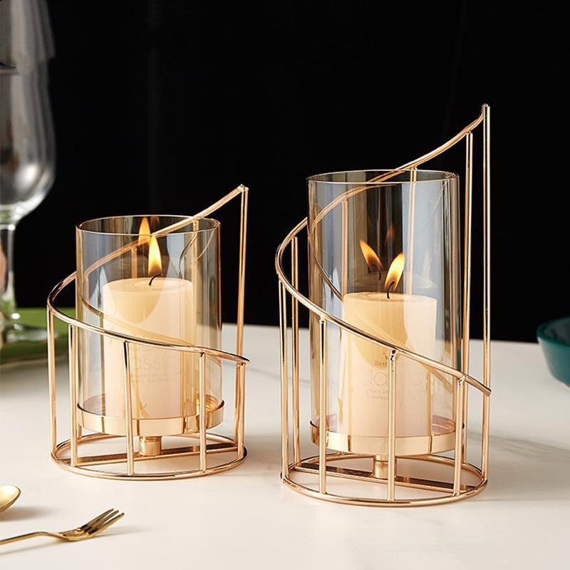 Nordic romantic candle holder ornaments in wrought iron and glass, American style.