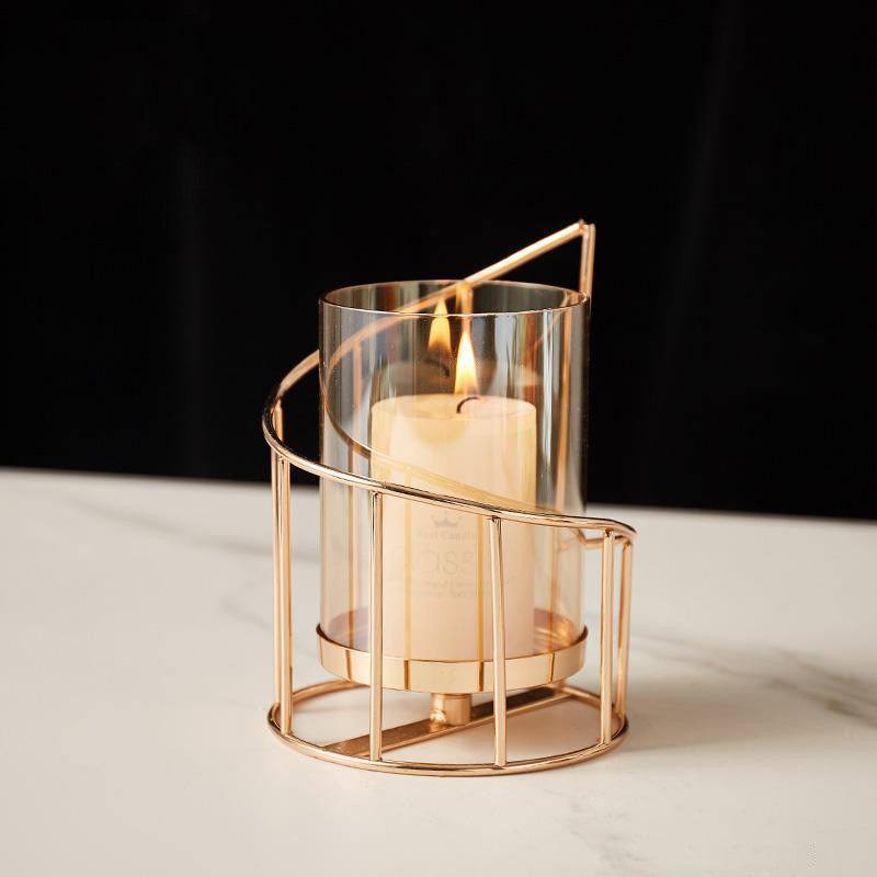 Nordic romantic candle holder with wrought iron and glass design.