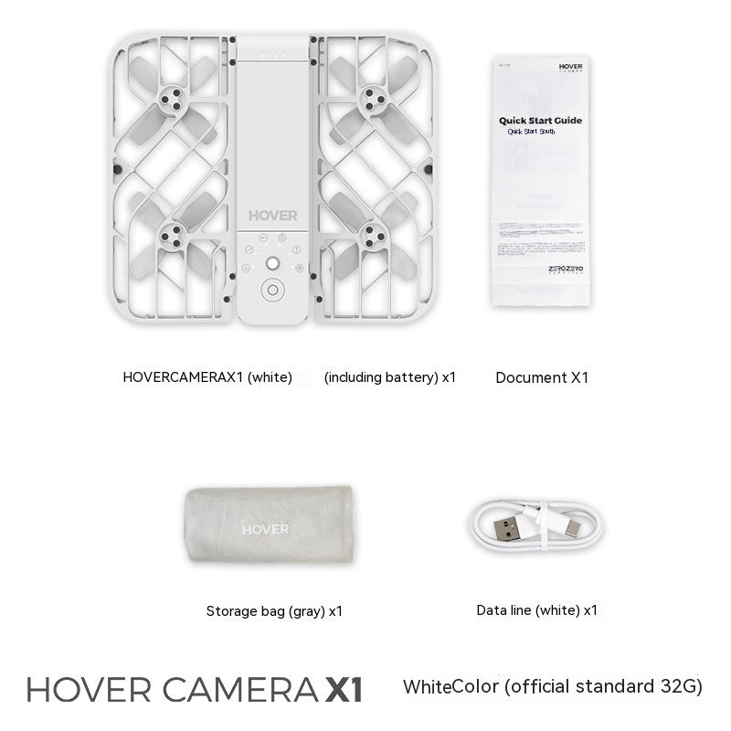 Hafu Flight Camera Following Drone with hover capability, magnesium alloy, in white color, includes battery, document, storage bag, and data cable.