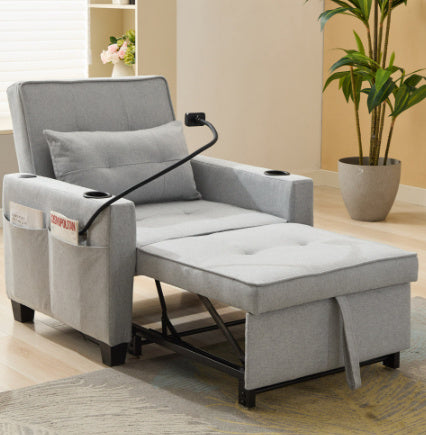 Fabric armchair bed, 3-in-1 convertible sleeper, with USB ports and cup holders, gray.