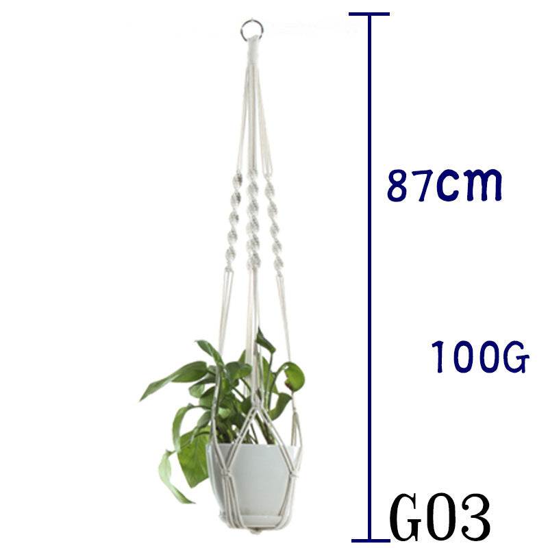 Beige cotton rope plant hanger with potted plant, 87cm length, G03 design.