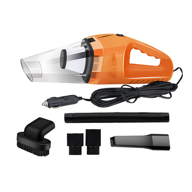 Auto vacuum cleaner 12V 120W with attachments in orange color.
