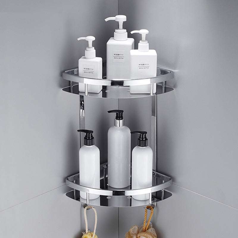 Stainless steel corner shower shelf with two layers for bathroom storage.
