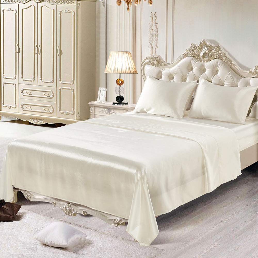 Imitation silk bedding set in an elegant bedroom setting.