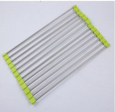 Folding kitchen drain sink rack with green silicone edge, stainless steel.
