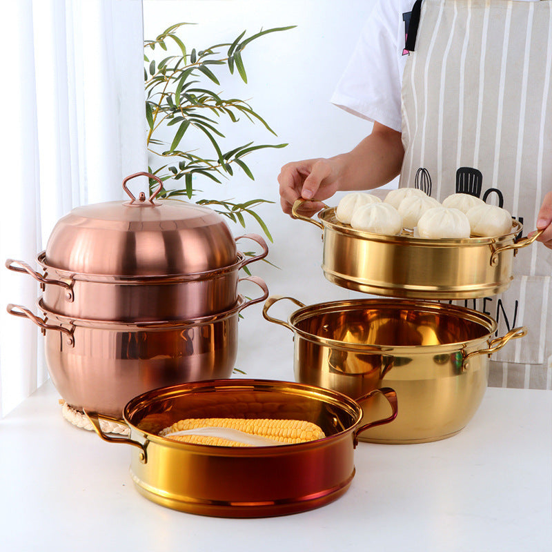 Stainless steel multi-layer color cooking soup dual-purpose pot in rose gold and gold, with food items.