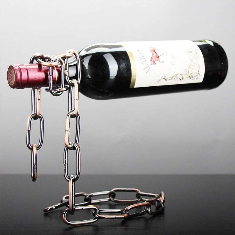 Chain wine rack holding a bottle, iron material in bronze color.