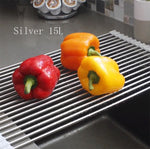 Folding kitchen drain sink rack for drying vegetables, stainless steel.