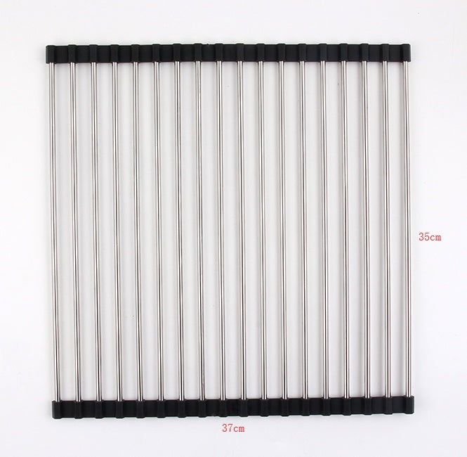 Folding kitchen drain sink rack in stainless steel with 37cm width and 35cm length.