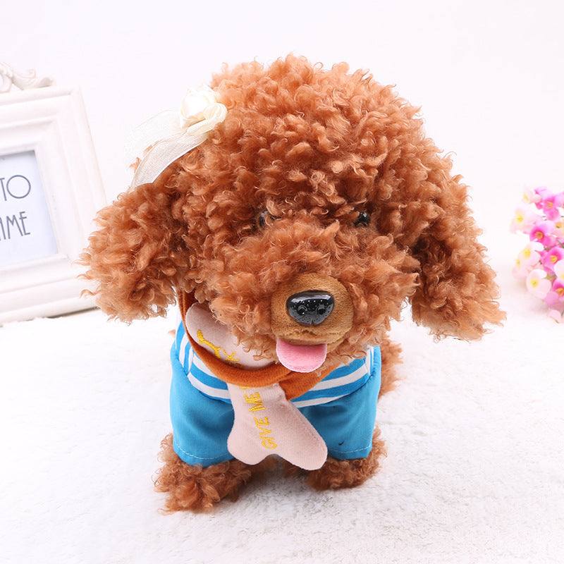 Robotic dog toy wearing blue outfit, capable of walking and singing 20 songs.
