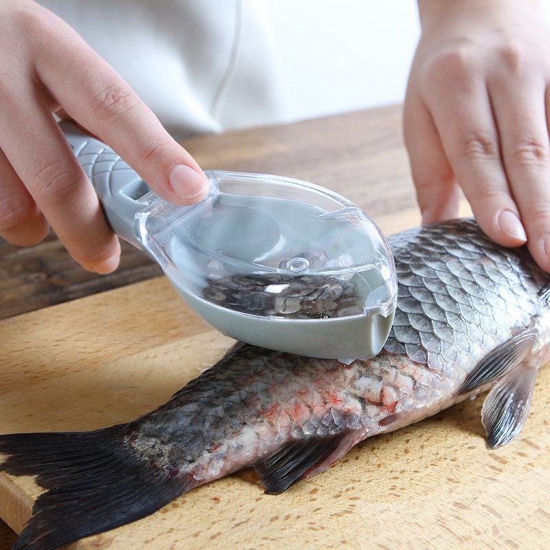 Fish Skin Brush being used to scrape scales off a fish on a wooden cutting board.
