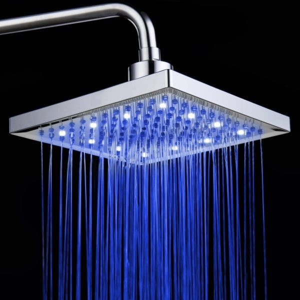 Luminous color changing shower head with electroplated ABS material showing blue LED lights.