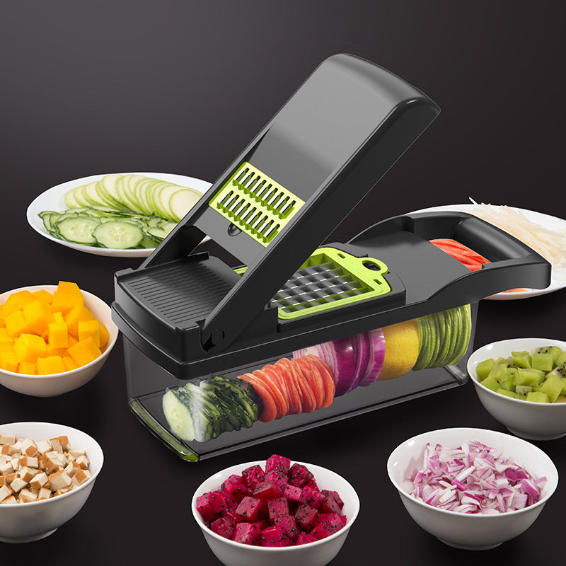 Multifunctional vegetable cutter with multiple blades for slicing and dicing fruits and vegetables in a home kitchen setting.