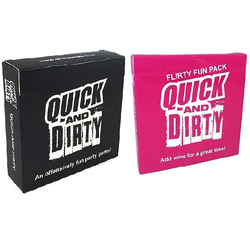 Fast and dirty board games in black and pink boxes, supporting 2-20+ players, age 17+, contains multiple cards.
