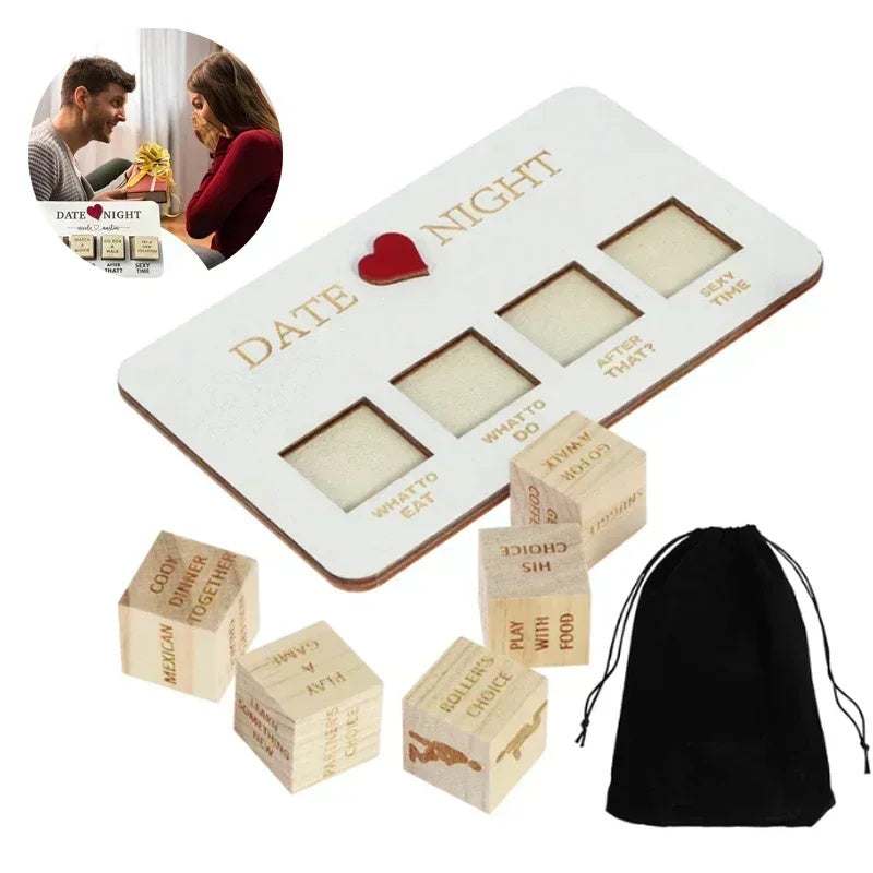 Wooden Date Night Dice set with planner board and black storage bag.