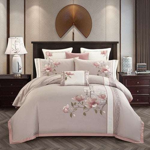 Chinese national style bedding with floral patterns, made from long staple cotton using reactive printing and satin weaving.