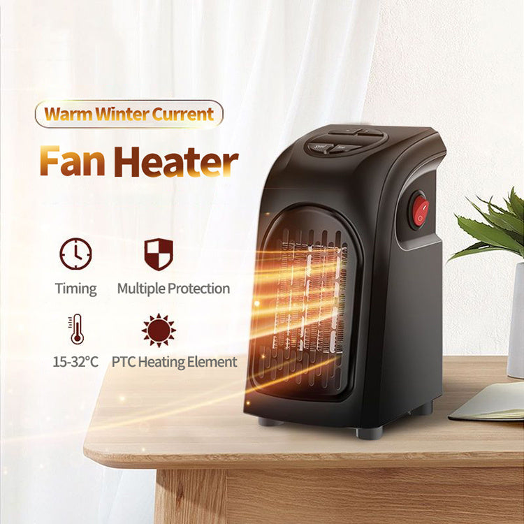 Winter air heater fan with PTC ceramic heating element, adjustable temperature, and timing function on a tabletop.