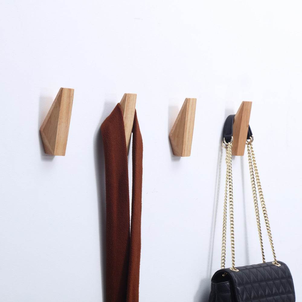 4pcs wooden simple Japanese style wall hooks, natural rubber wood, single hook, minimalist design.