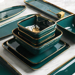 Square Penh Ceramic Tableware set with electroplated edges, including bowls and plates.