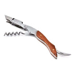 Versatile wooden wine opener with modern design and multiple functions.