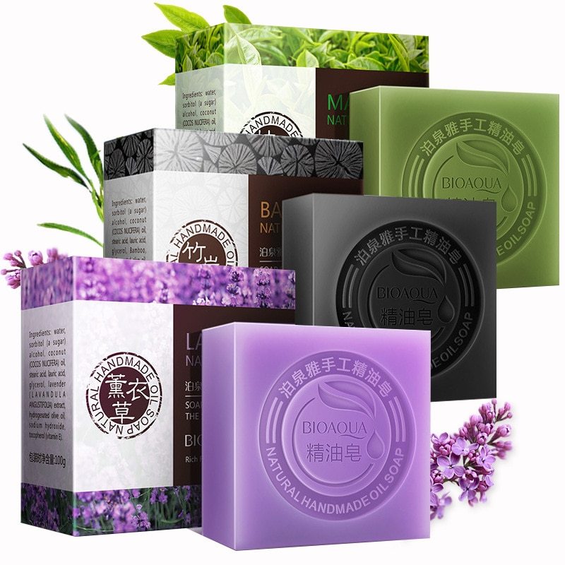 BIOAQUA Natural Organic Herbal Essential Oil Soap set, featuring handmade bamboo charcoal, lavender, and matcha variety soaps for all skin types.
