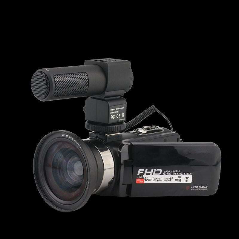 30 Million Pixel HD Digital Home Travel Camera with stereo microphone and prime lens on black background.